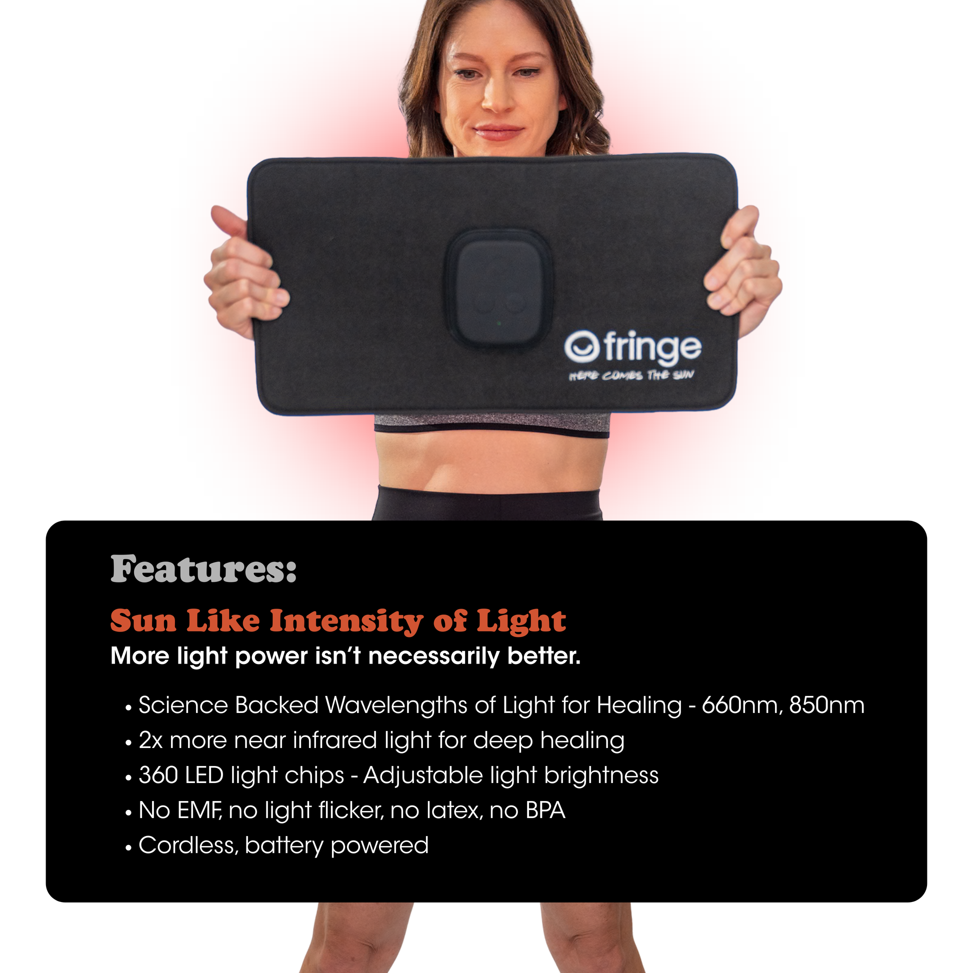 Person holding a Fringe red light wrap, featuring product features on a white background.