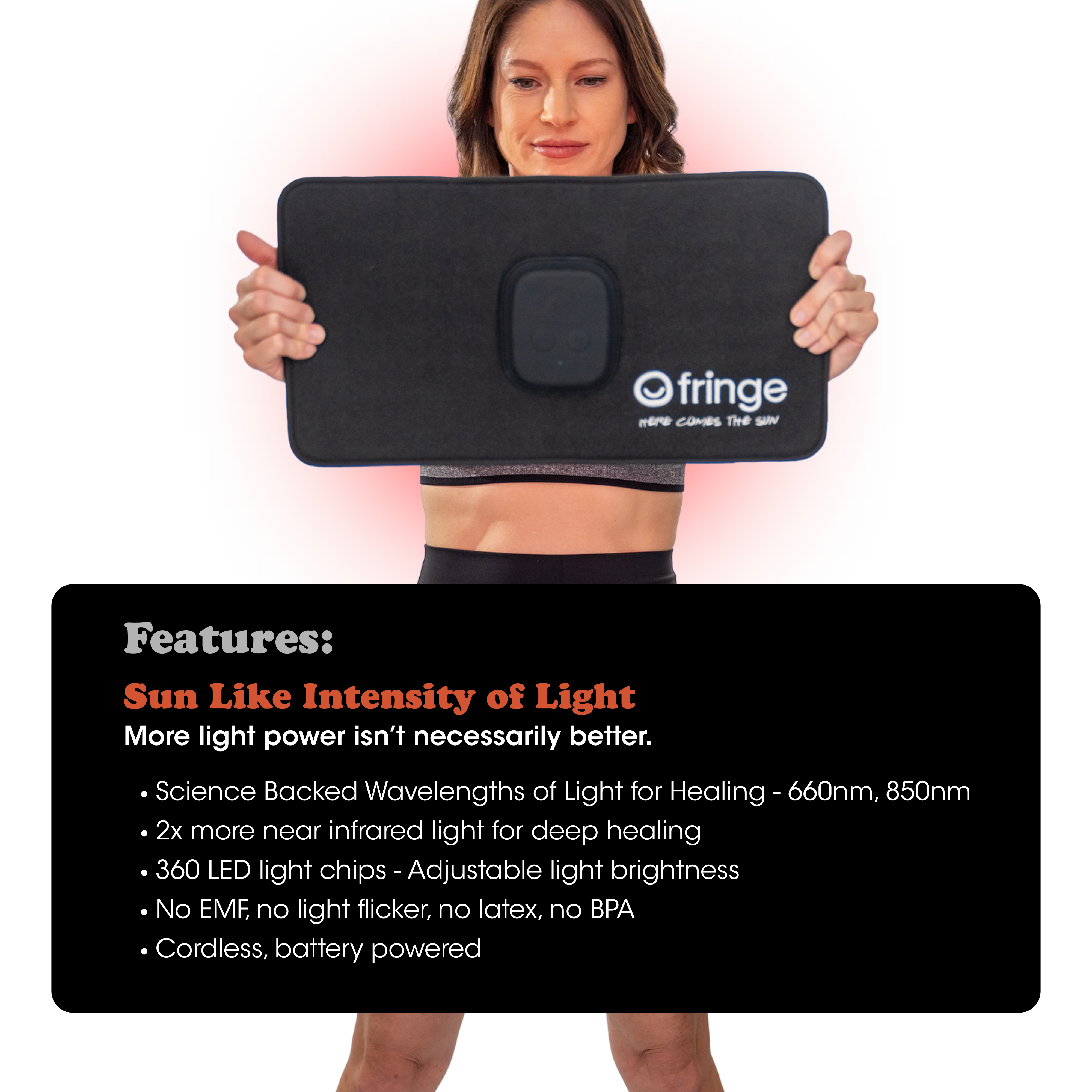 Person holding a Fringe red light wrap, featuring product features on a white background.