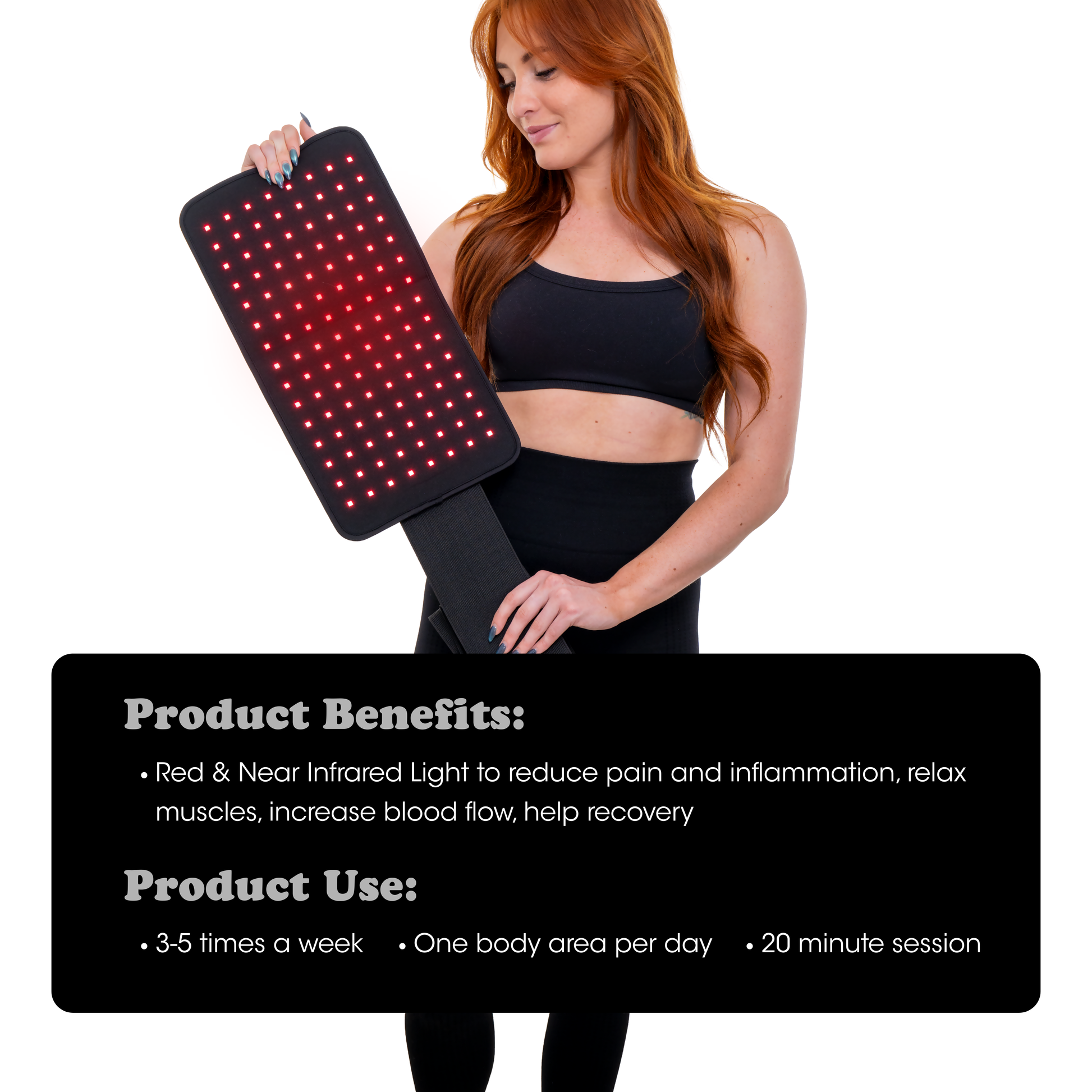 Woman holding a red light therapy wrap with product benefits text displayed.