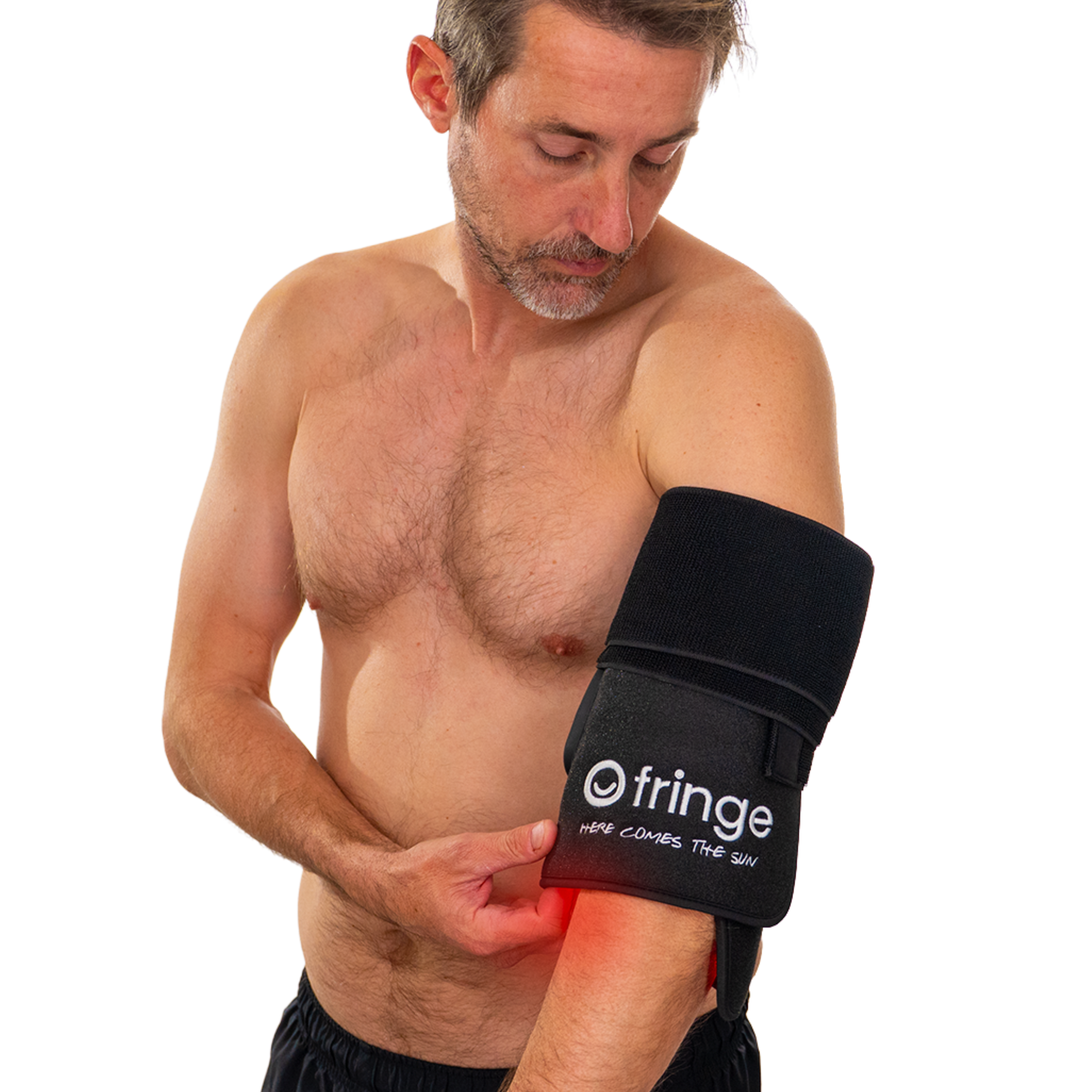 Man wearing a Fringe red light therapy wrap on arm on a white background