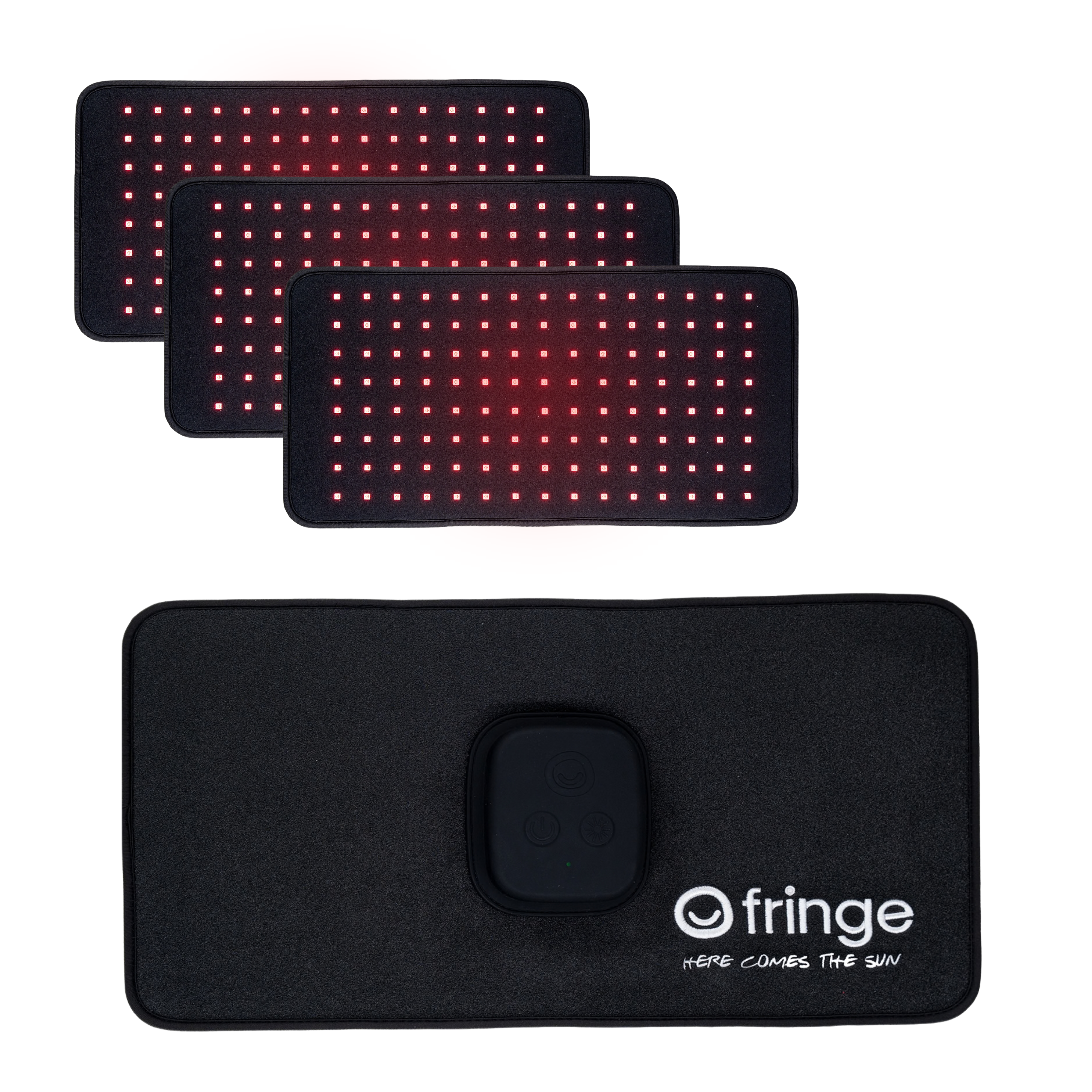 Three Fringe regular wraps with red LED lights on and one Fringe regular wrap with logo forward on a white background.